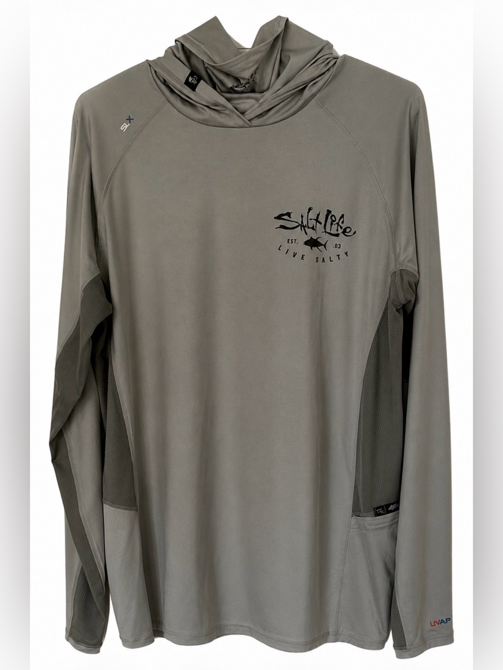Salt Life Men's Hooded UPF Sun Shirt - Gray/black, face guard, size medium.
